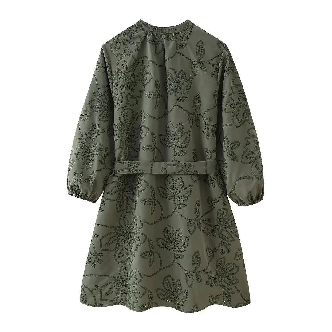 Green Embroidered Dress with V-Neck and Tie Waist