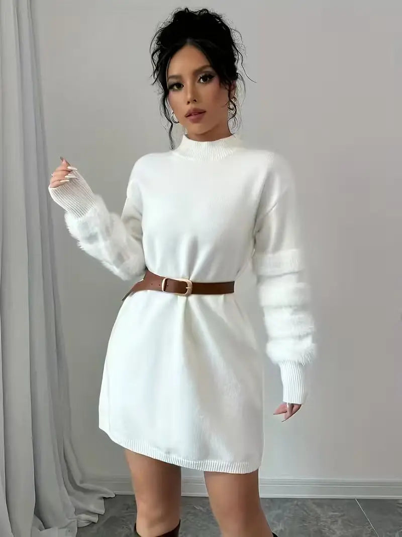 Women’s Mock Neck Sweater Dress with Textured Sleeves