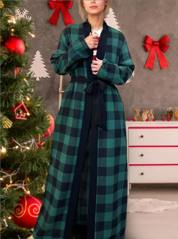 Women’s Plaid Robe with Pockets & Belt – Christmas Style
