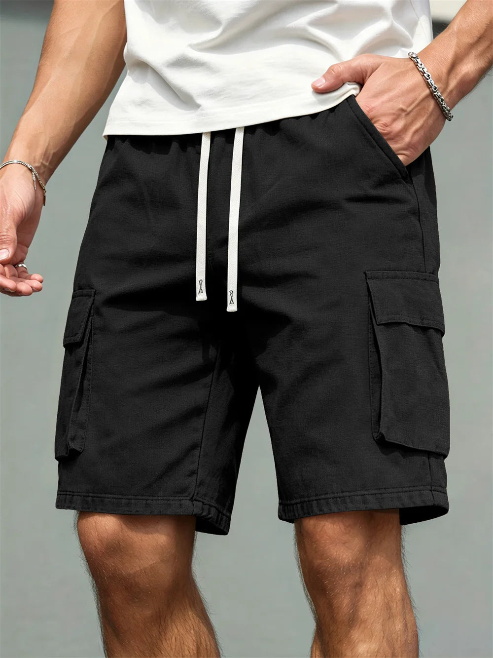 2026 Men's loose  straight-leg pants, casual multi-pocket work shorts, high-end men's shorts, drawstring daily work shorts