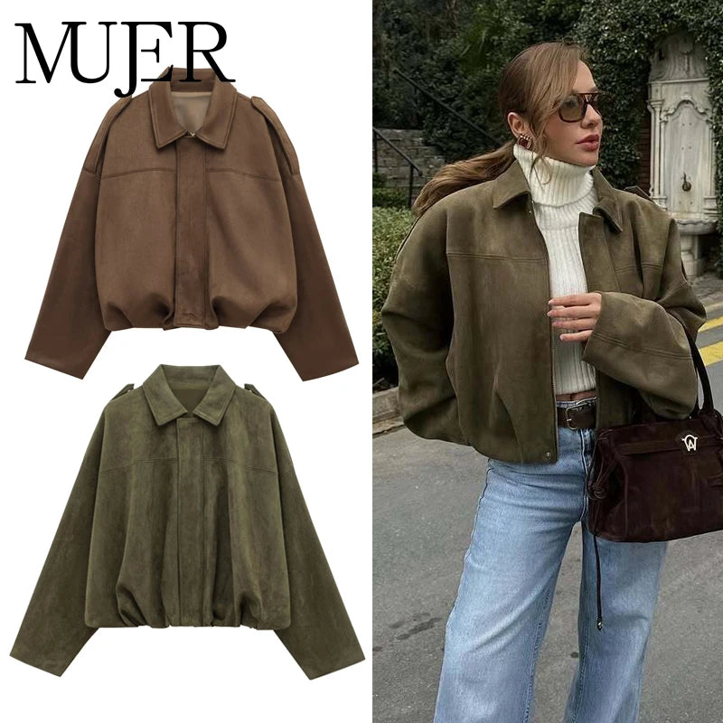 MUJER Faux Suede Bomber Jackets for Women