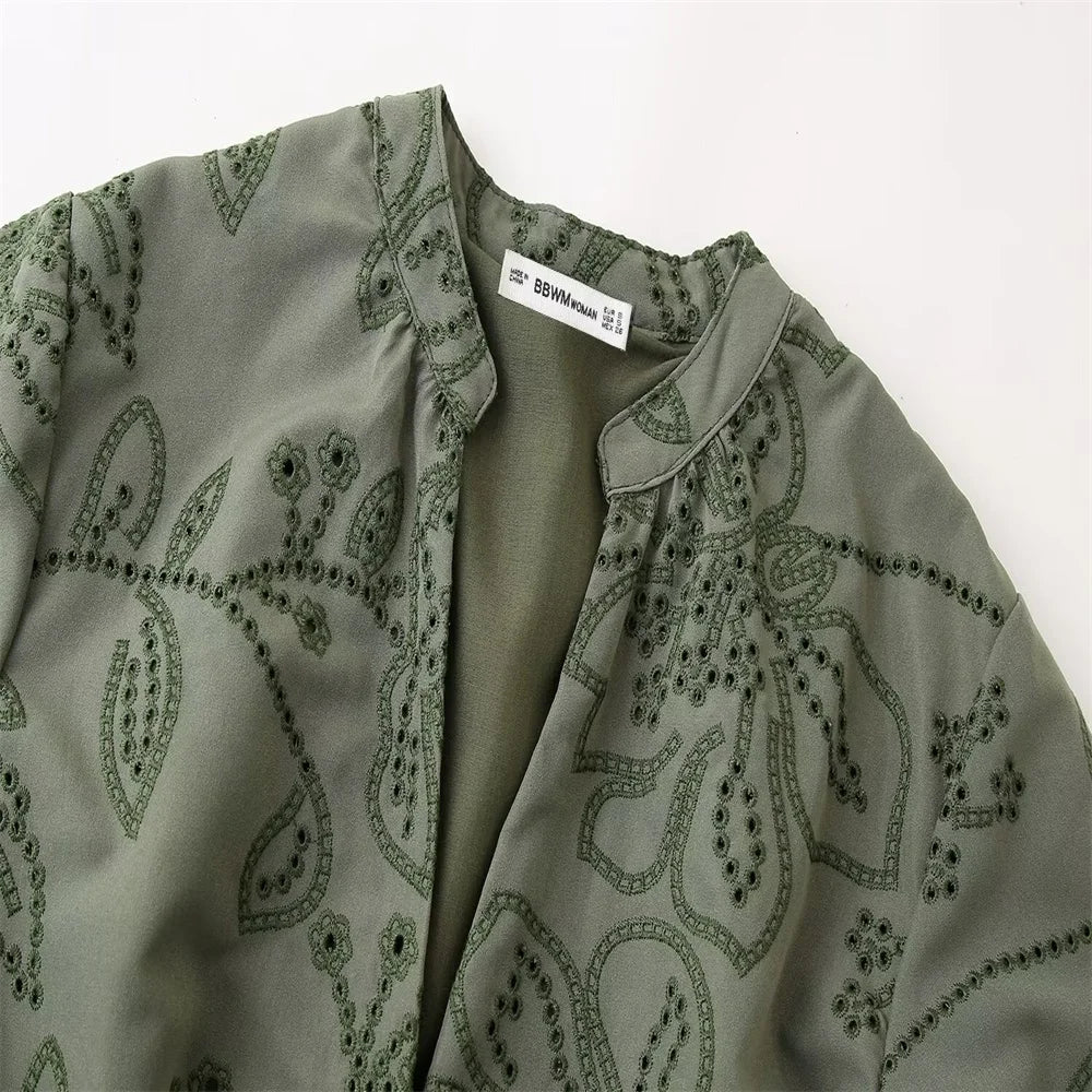 Green Embroidered Dress with V-Neck and Tie Waist