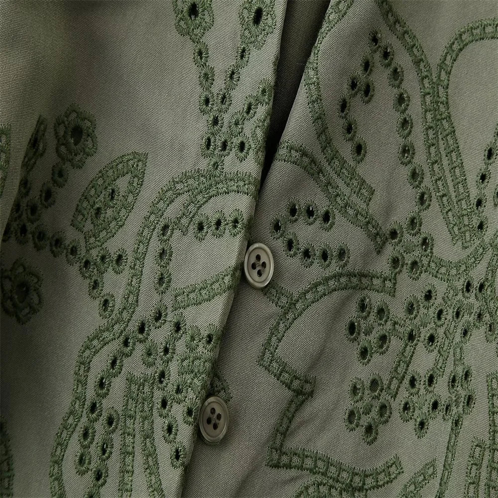 Green Embroidered Dress with V-Neck and Tie Waist