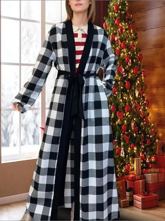 Women’s Plaid Robe with Pockets & Belt – Christmas Style