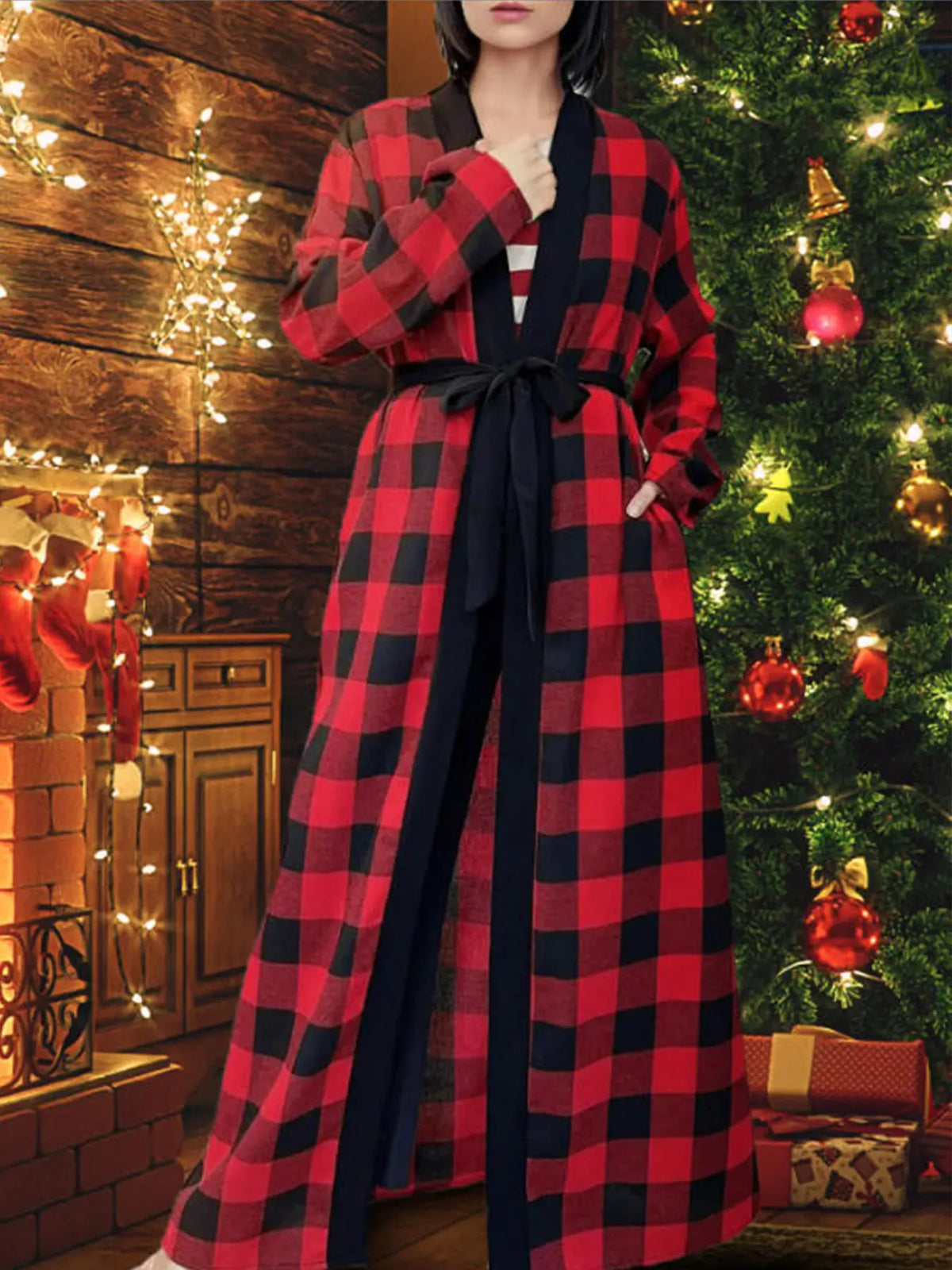 Women’s Plaid Robe with Pockets & Belt – Christmas Style
