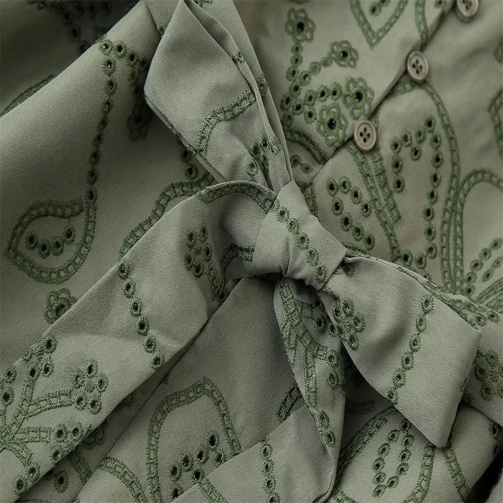 Green Embroidered Dress with V-Neck and Tie Waist