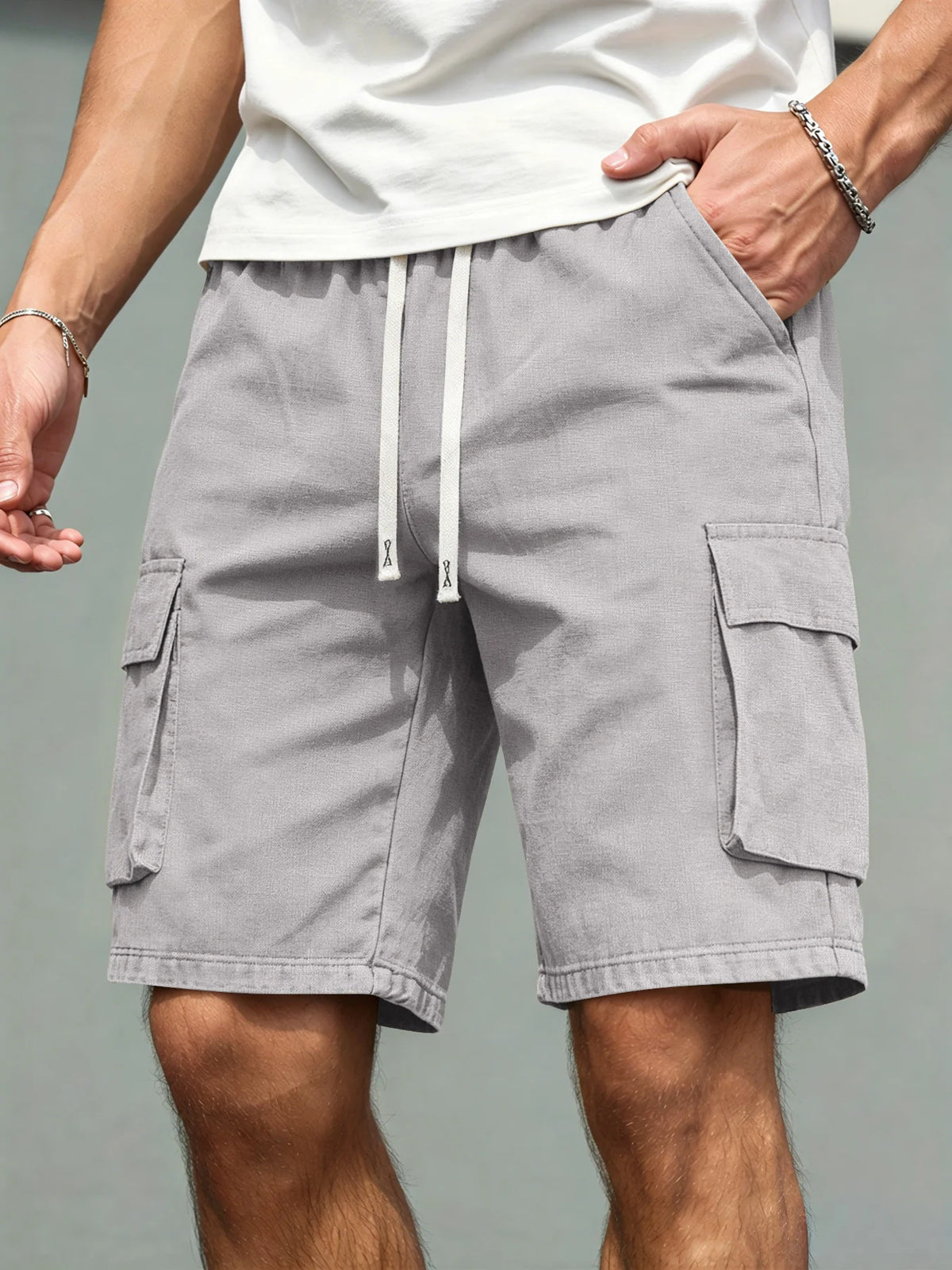 2026 Men's loose  straight-leg pants, casual multi-pocket work shorts, high-end men's shorts, drawstring daily work shorts