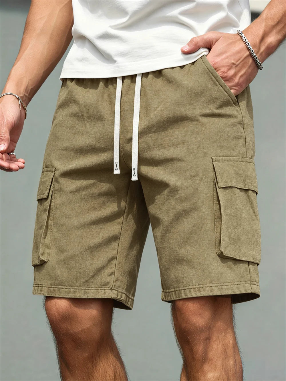 2026 Men's loose  straight-leg pants, casual multi-pocket work shorts, high-end men's shorts, drawstring daily work shorts