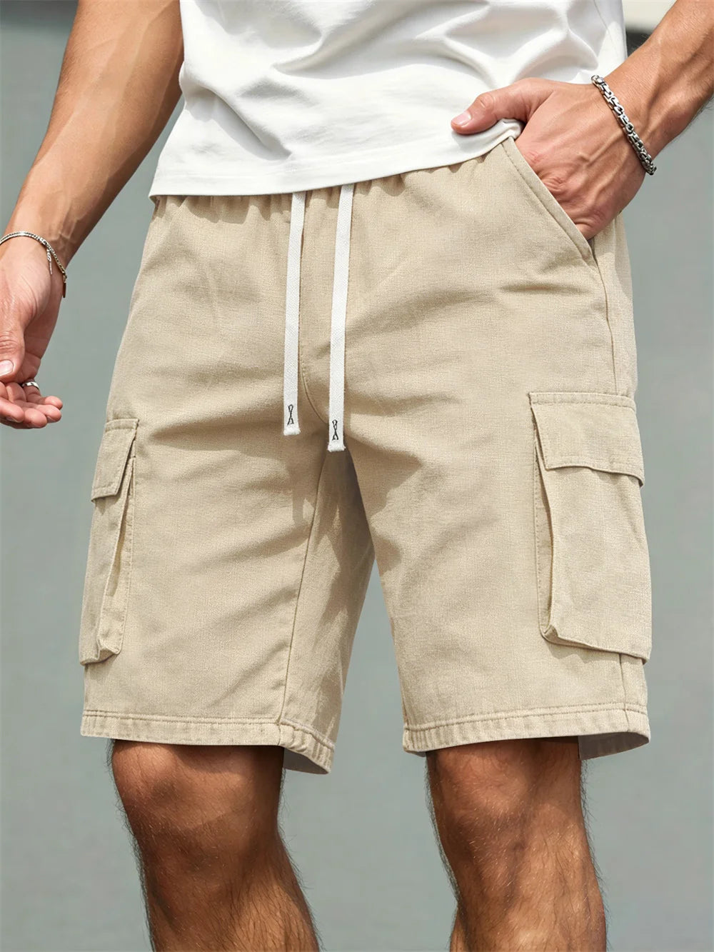 2026 Men's loose  straight-leg pants, casual multi-pocket work shorts, high-end men's shorts, drawstring daily work shorts