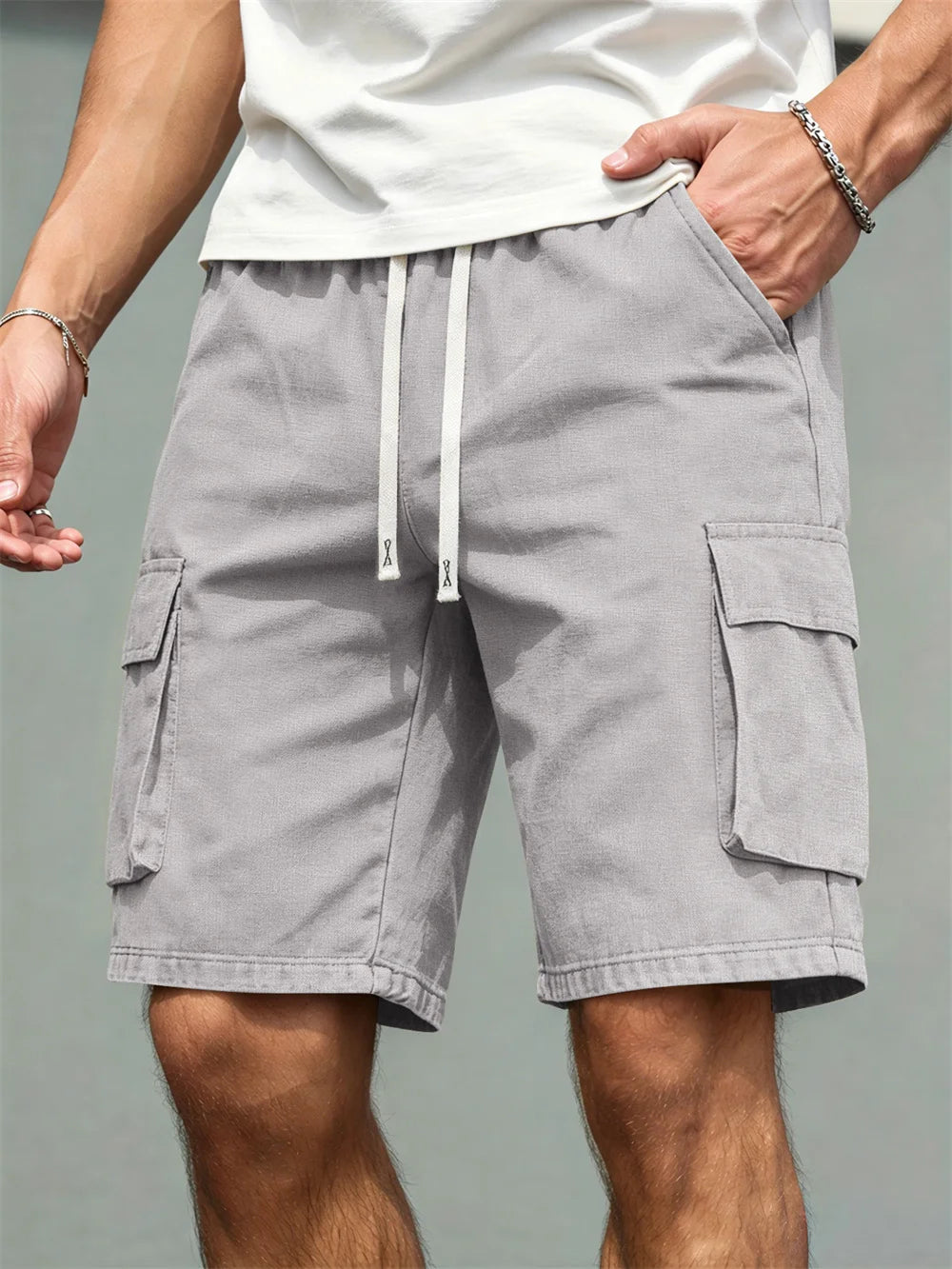 2026 Men's loose  straight-leg pants, casual multi-pocket work shorts, high-end men's shorts, drawstring daily work shorts