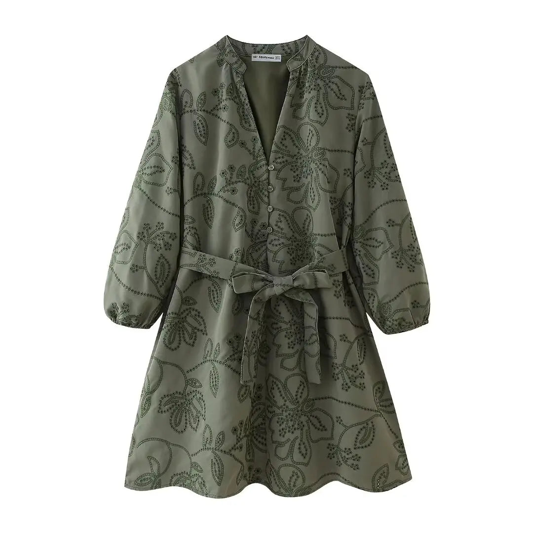 Green Embroidered Dress with V-Neck and Tie Waist