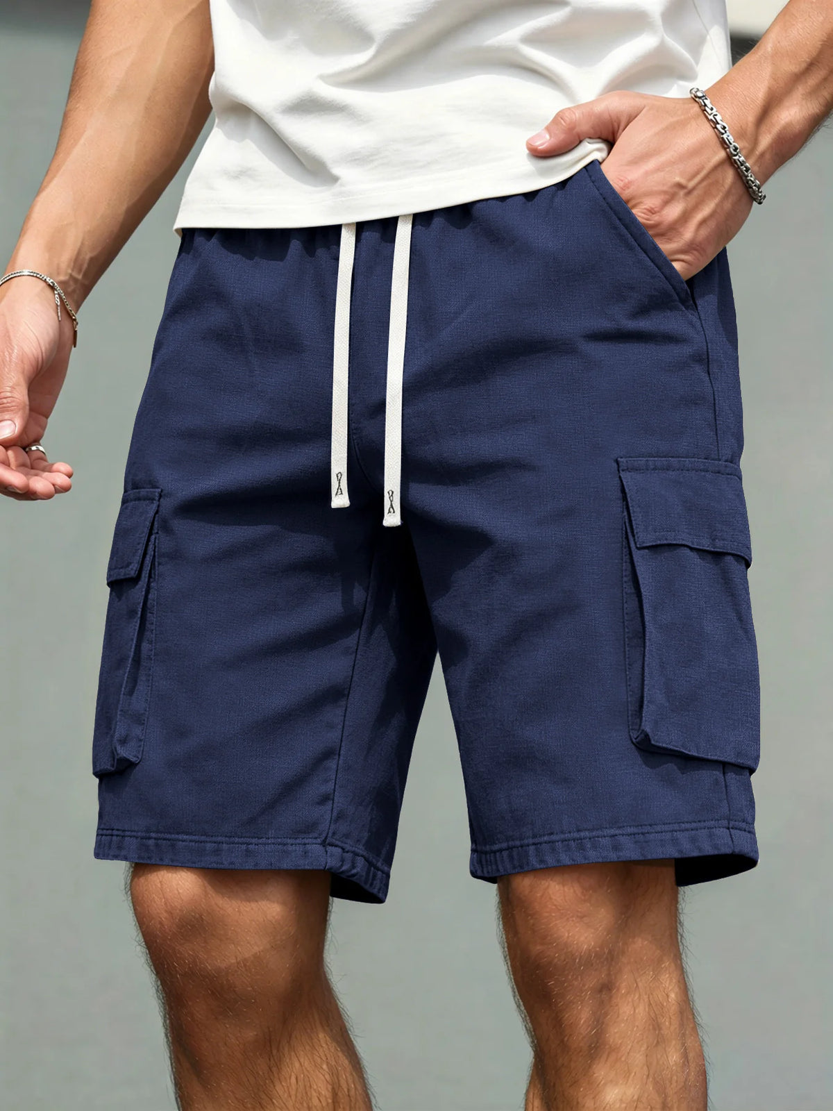 2026 Men's loose  straight-leg pants, casual multi-pocket work shorts, high-end men's shorts, drawstring daily work shorts