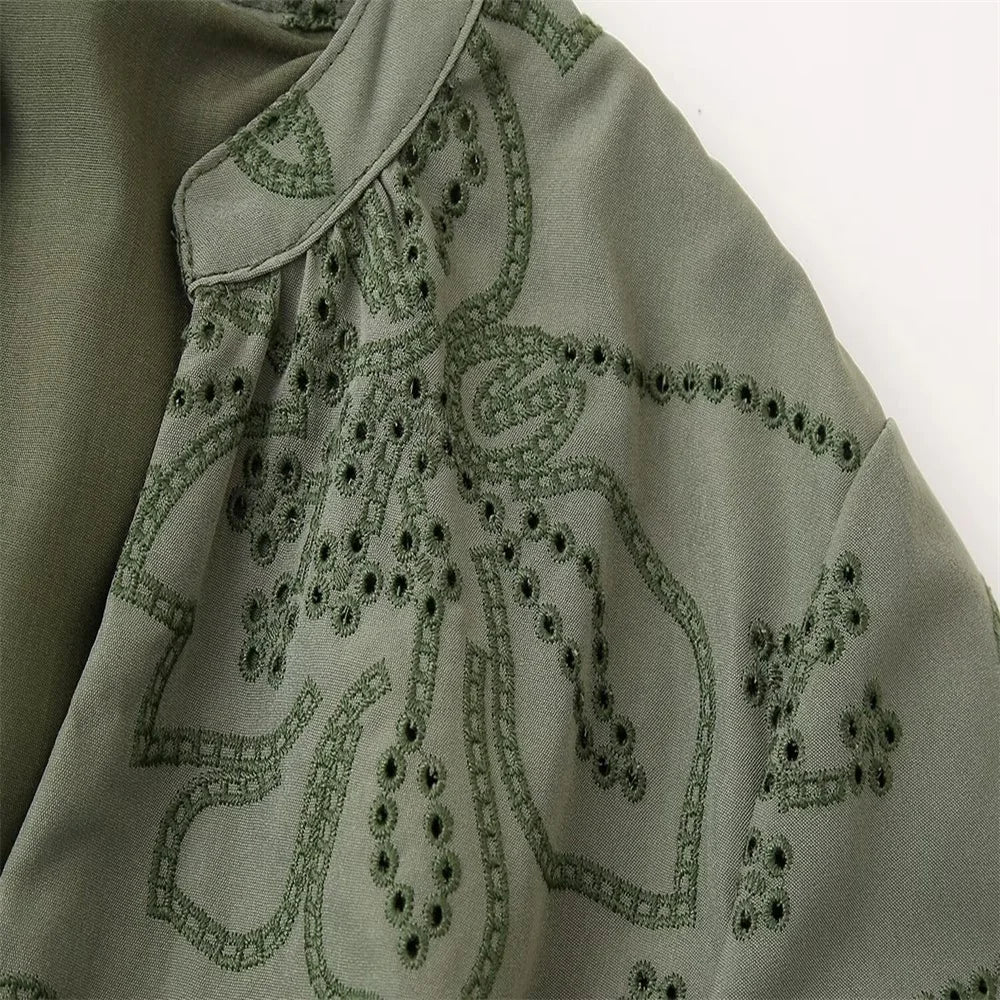 Green Embroidered Dress with V-Neck and Tie Waist