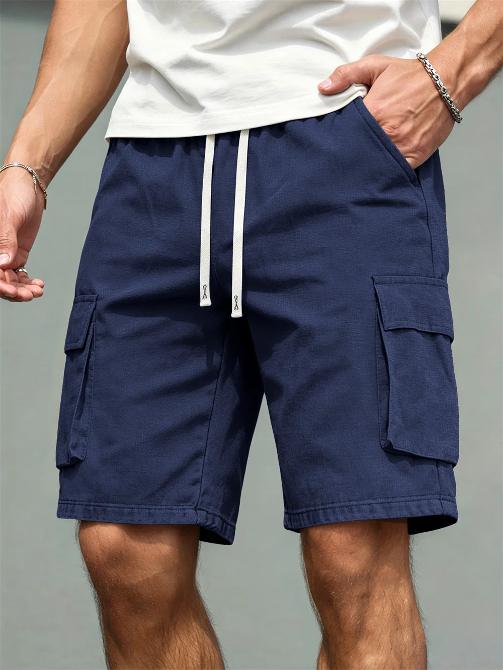 2026 Men's loose  straight-leg pants, casual multi-pocket work shorts, high-end men's shorts, drawstring daily work shorts